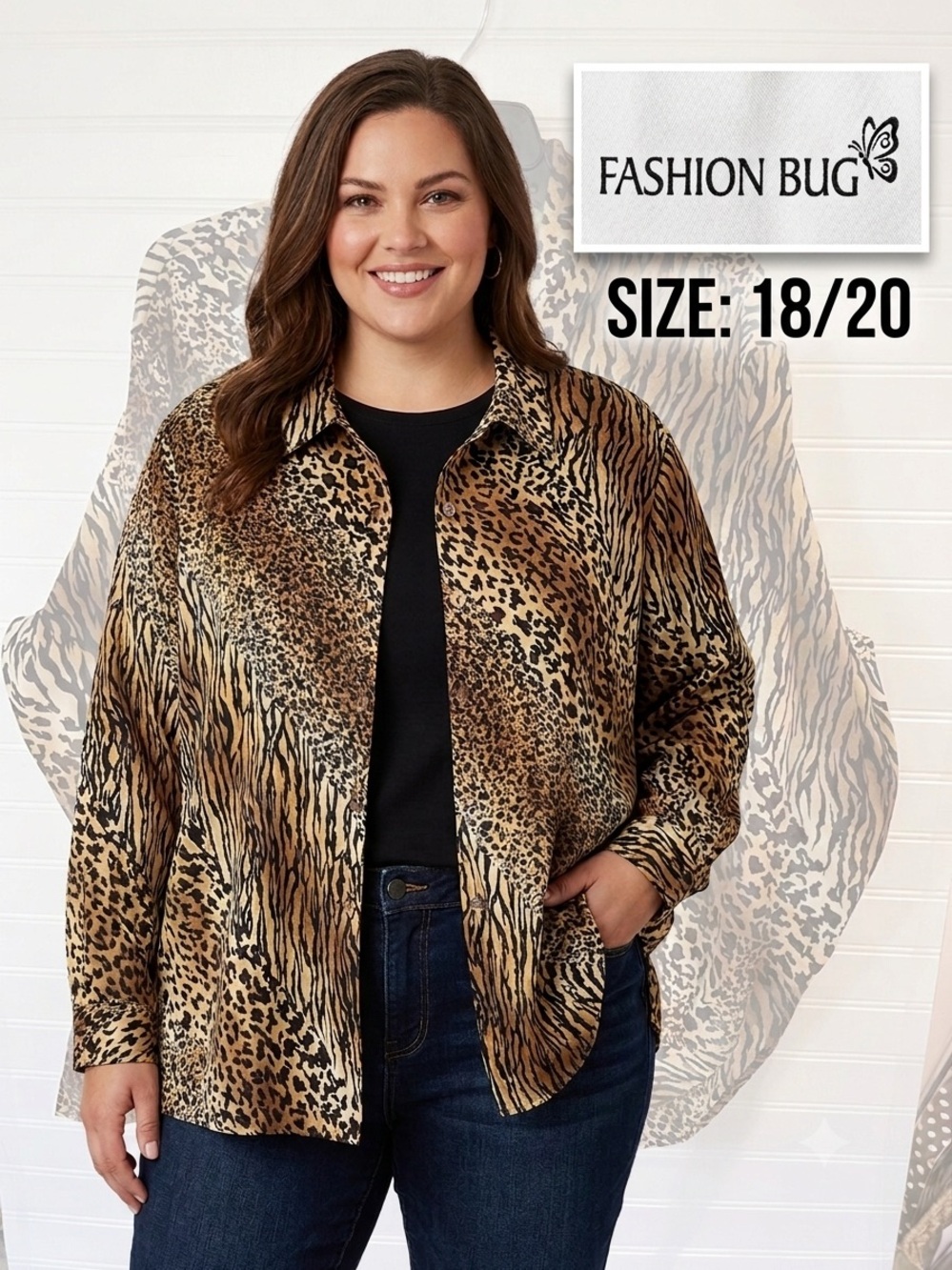 Fashion Bug Leopard Print Button Down Blazer Shirt Size 18/20 Women's EUC